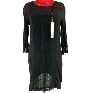 Willow and Clay black dress gauzy crinkle & lace Boho Goth NWT casual size S